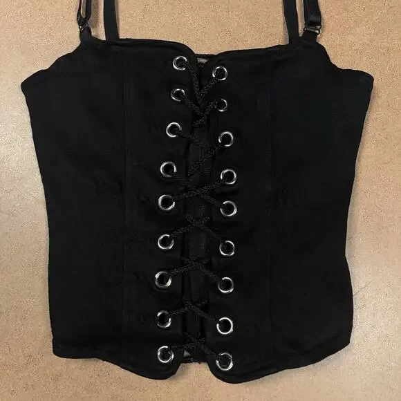 Y2K Lip Service Lace Up Front Corset Black Camisole Top XS Cami Vintage Goth - Picture 3 of 16